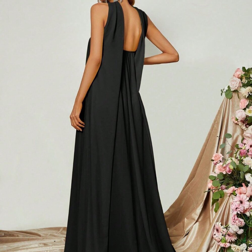 Black Elegant Women's Sophisticated Off-The-Shoulder A-Line Evening Gown - Picture 2 of 6